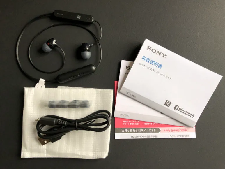 SONY「WI-C300」の付属品はmicroUSB充電ケーブルと定評のあるハイブリッドイヤーピース3サイズ分です。