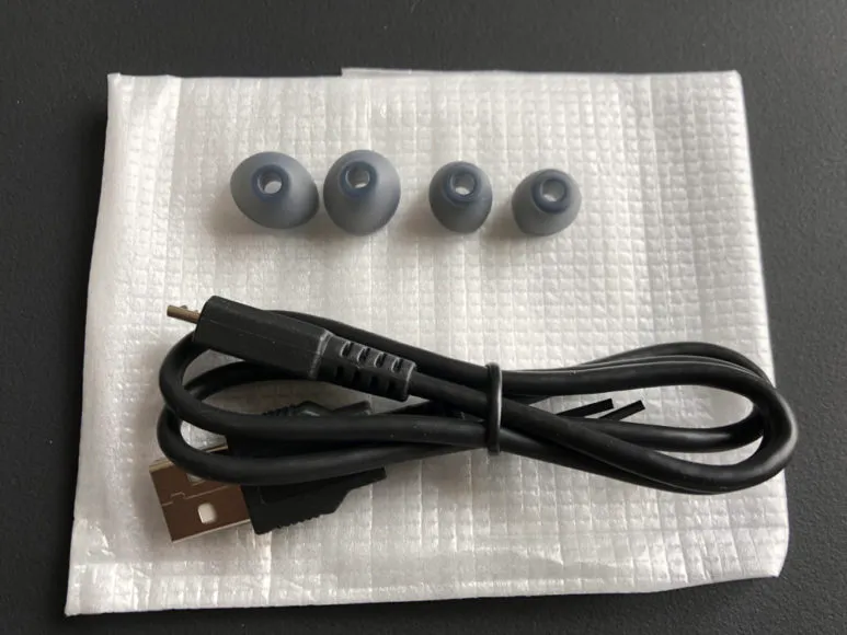SONY「WI-C300」付属のmicroUSB充電ケーブルとハイブリッドイヤーピース。