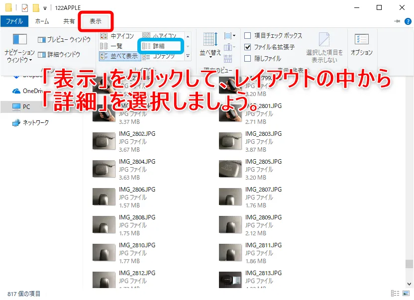 iPhoneで撮った写真・動画をパソコンに保存する方法7:「表示」をクリックしてレイアウトから「詳細」を選択して写真データの撮影日を表示させましょう。