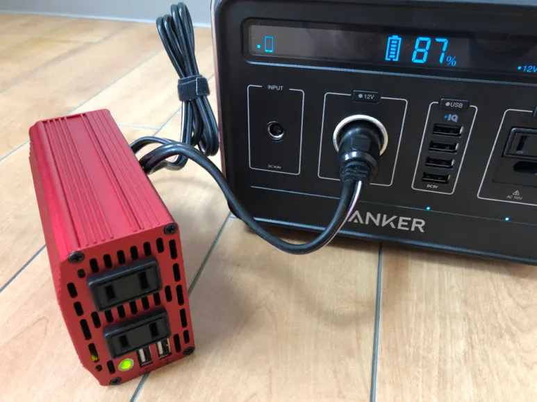 おすすめポータブル電源Anker「PowerHouse」|DC出力端子にインバーターを接続させればAC出力端子を増設できます。