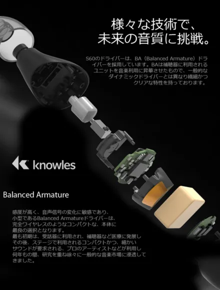 おすすめ完全ワイヤレスイヤホンAstrotec「S60」レビュー|ドライバーはknowles製のBA(バランスドアーマチュア)ドライバーを採用しています。