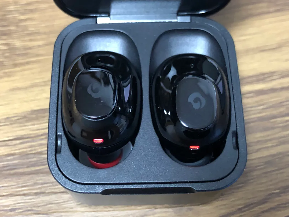 おすすめ完全ワイヤレスイヤホンGLIDiC「Sound Air TW-5000s」レビュー|左イヤホンにSpinfit「CP100」を装着させた状態で充電ケースに収めた様子ですが、問題なく収まっているのが分かりますね。