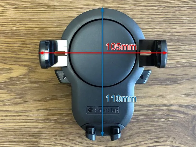 おすすめ車載スマホホルダー・スマートタップ「EasyOneTouch4 wireless」|ホルダー部分のサイズは幅105mm、高さ110mm。厚さは薄い部分で42mm、厚い部分で58mmです。