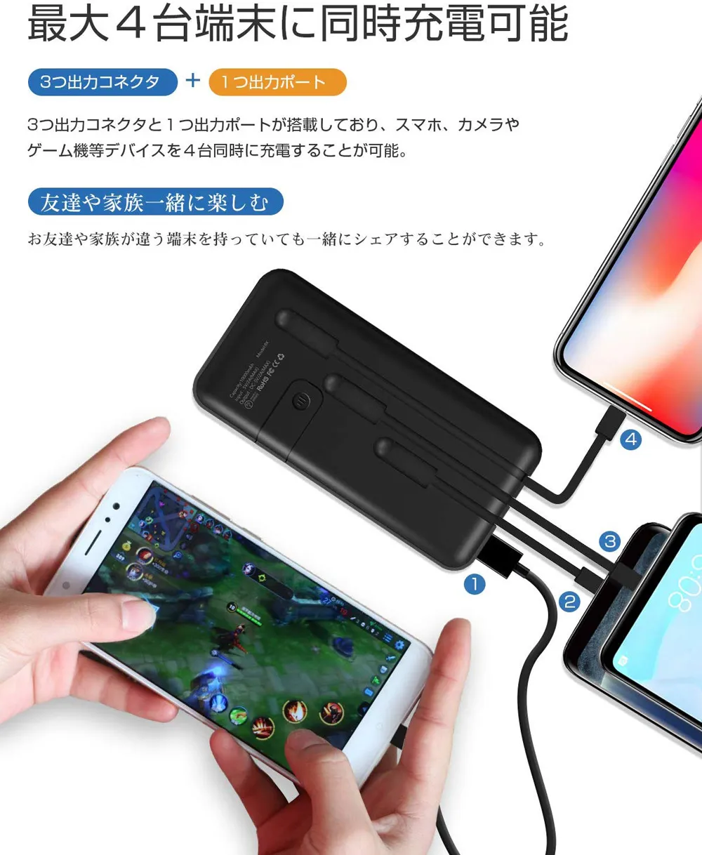 おすすめモバイルバッテリーTSUNEO「Power Bank 8K」レビュー|3種類の充電ケーブルの他にUSB-Aポートが搭載されているので、最大4台のデバイスを同時充電できます。