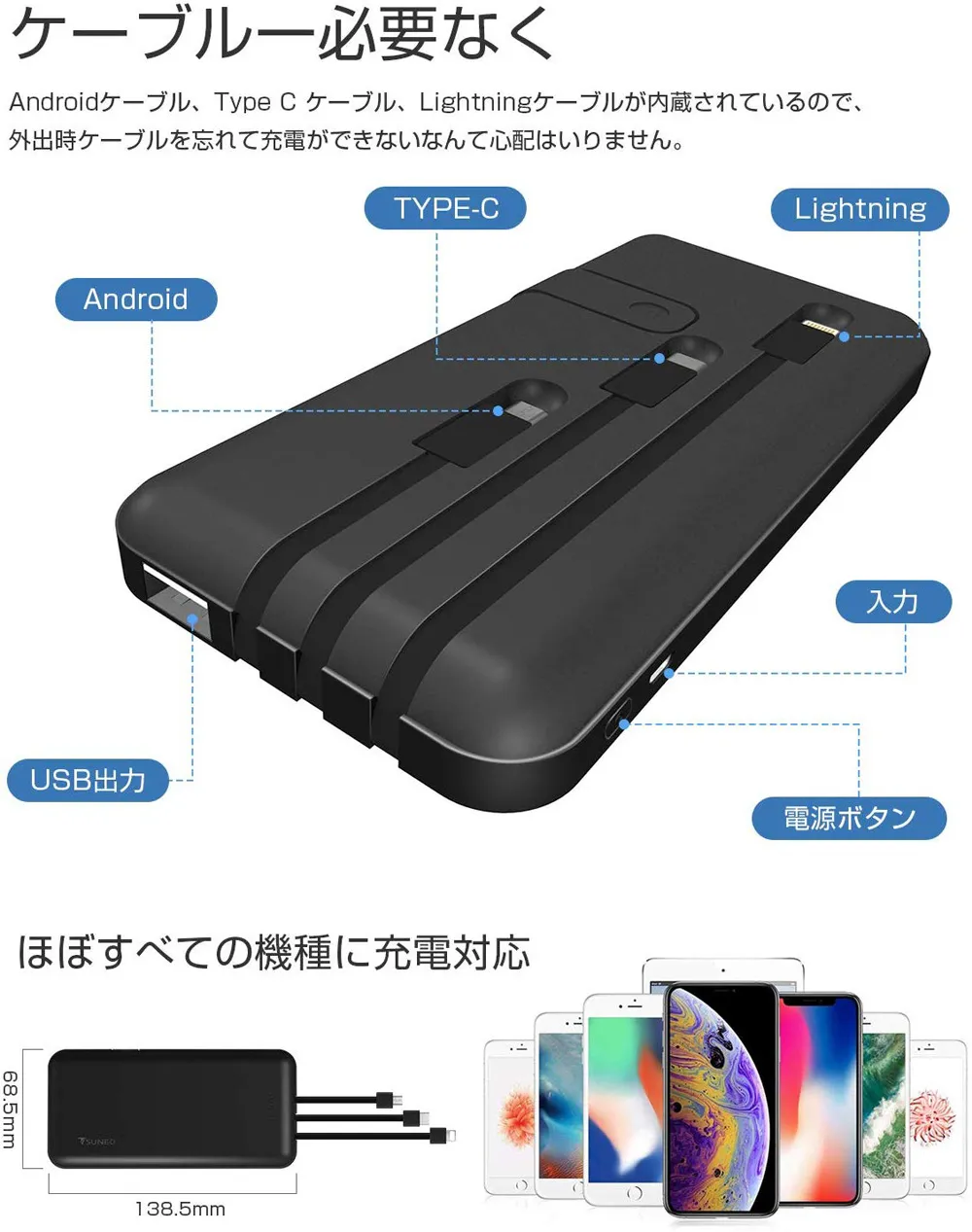 おすすめモバイルバッテリーTSUNEO「Power Bank 8K」レビュー|「Power Bank 8K」にはLightning・micro USB・Type-C充電ケーブルが本体背部に内蔵されています。