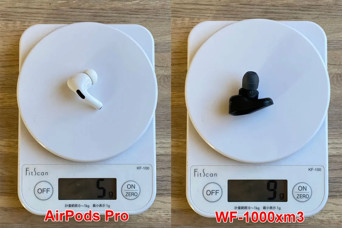 【AirPods Pro対SONY WF-1000XM3比較検証レビュー】ノイズキャンセリング性能・音質・使い勝手など話題のノイキャン完全ワイヤレスを比較してみた|外観:重量は「AirPods Pro」が片耳あたり3.1g軽くなっていますが、この感覚は数字から受ける印象以上に大きく感じます。