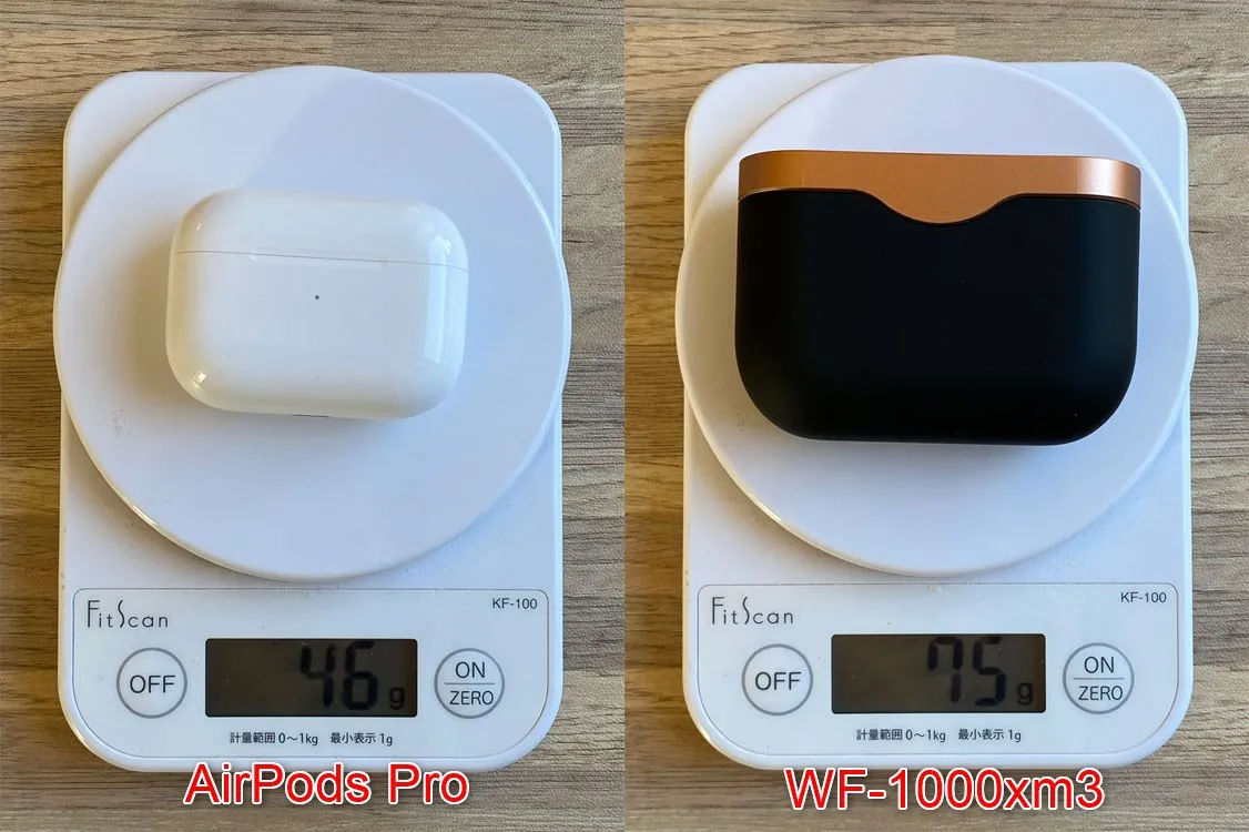 【AirPods Pro対SONY WF-1000XM3比較検証レビュー】ノイズキャンセリング性能・音質・使い勝手など話題のノイキャン完全ワイヤレスを比較してみた|外観:「AirPods Pro」の方が一回り以上小さい印象で、重さも約6割ほどと軽量。 「WF-1000xm3」もかなりコンパクトですが、よりモバイル性に優れているのは「AirPods Pro」でしょう。