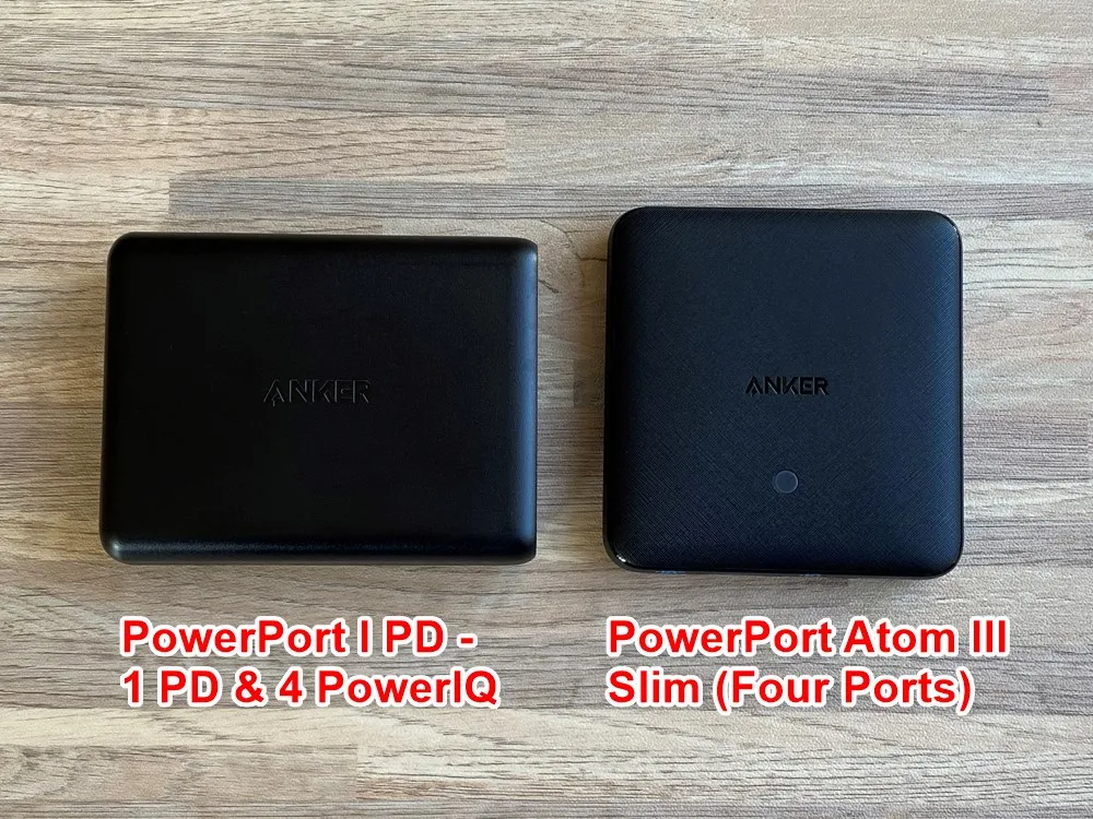 【Anker PowerPort Atom III Slim(Four Ports)レビュー】超軽量薄型のモバイル向け多ポート急速充電器!持ち運び最強の合計65W高出力を誇るPD急速充電器|外観:ちなみにこれまでに再三再四言及してきた「PowerPort I PD - 1 PD & 4 PowerIQ」と比べると、こんな感じ。
