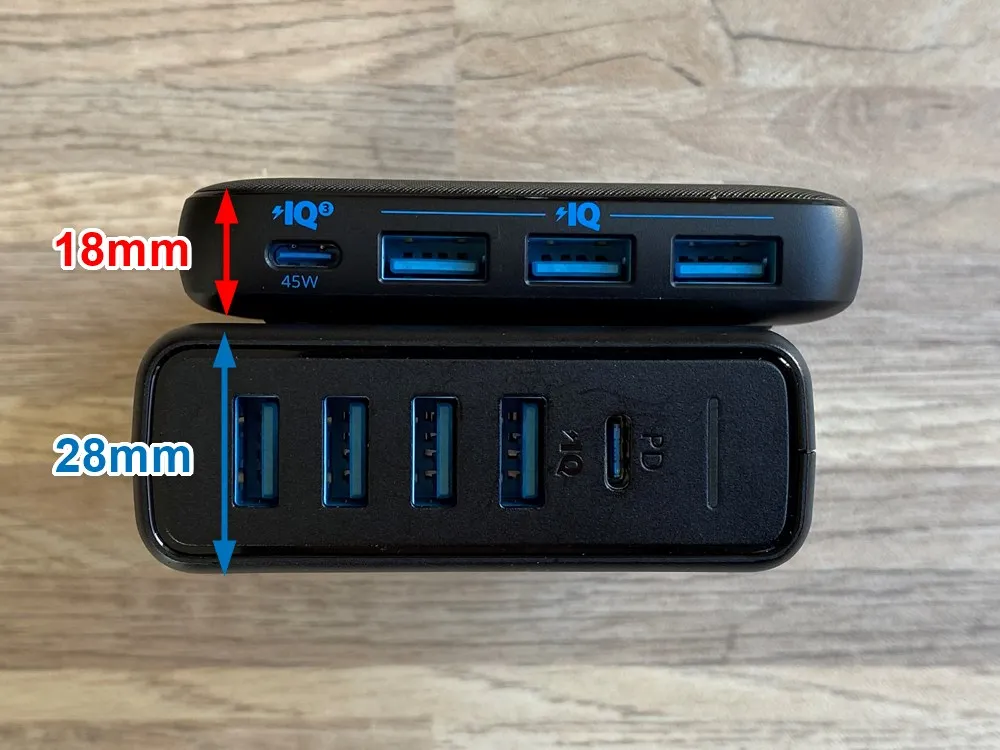 【Anker PowerPort Atom III Slim(Four Ports)レビュー】超軽量薄型のモバイル向け多ポート急速充電器!持ち運び最強の合計65W高出力を誇るPD急速充電器|外観:縦×横のサイズ感は大して違いはありませんが、薄さは断トツですね。