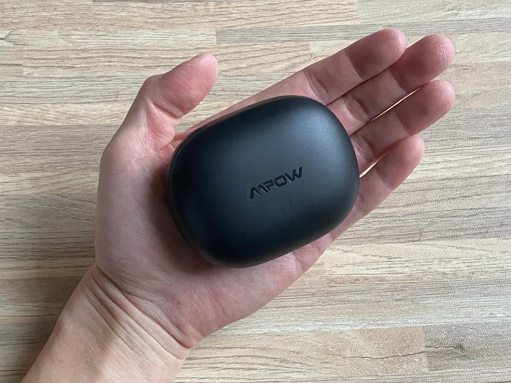 【Mpow M20レビュー】106時間再生・完全防水・AAC&APT-X対応と最強の機能性!ケースがモバイルバッテリーとして使えるユニーク系Bluetoothイヤホン|外観:大容量バッテリーを搭載していることからコンパクトとは言えませんが、手に乗せてみると強調するほど大きいわけでもありません。