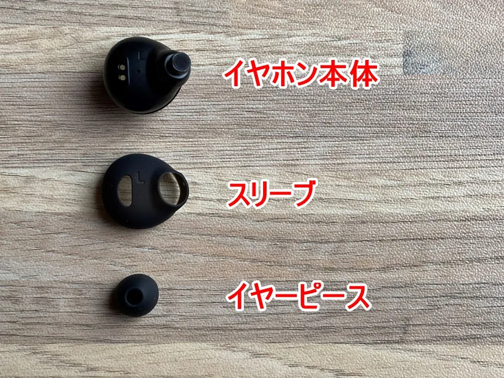 【ヤマハ完全ワイヤレスイヤホンTW-E5Aレビュー】アンビエントサウンド機能も搭載!耳に優しい音を奏でるヤマハの実力派完全ワイヤレスイヤホン|外観:イヤーピースとスリーブを付け替えて装着感を調整することができます。 イヤーピースは全5種類、スリーブは3種類とかなり調整の幅が広いのが嬉しいですね。