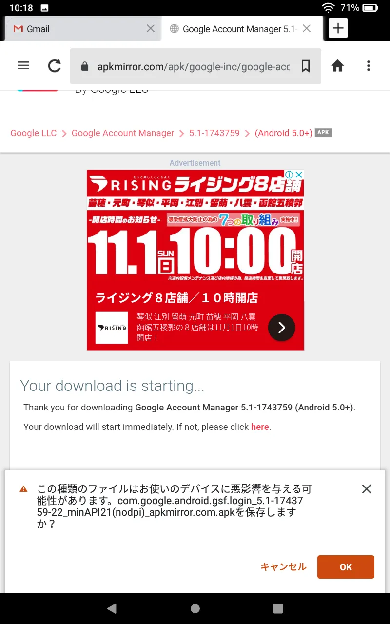【FireタブレットにGooglePlayを入れてdマガジンを楽しむ】グーグルプレイはFireタブレットにインストール可能!dマガジンをFireタブレットで読む方法|Google Playをインストールする:プログラムをダウンロードする:「この種類のファイルはお使いのデバイスに悪影響を与える可能性があります。・・・を保存しますか?」と表示されたら「OK」をタップしましょう。