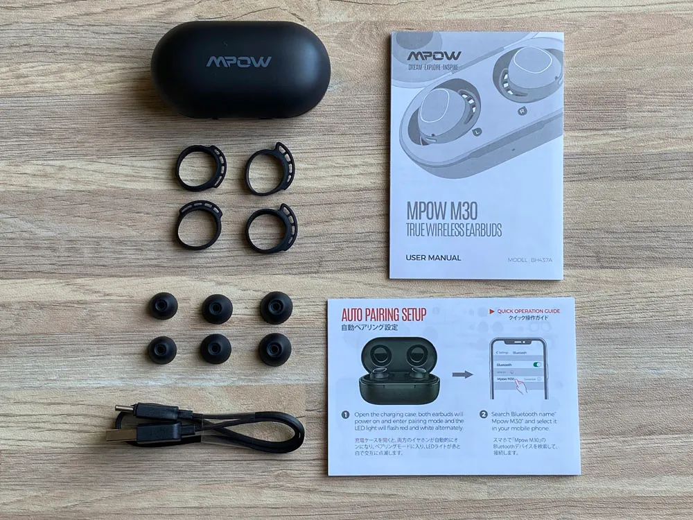 【Mpow M30レビュー】4千円未満の圧倒的コスパ感!!超安定接続・良好な装着安定性・満足な音質・完全防水と必要なスペック揃い踏みの超高コスパTWS|付属品