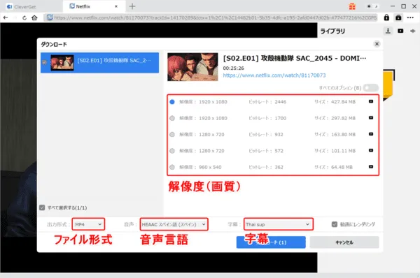 ネットフリックスの録画方法|動画は永久保存できます|ネットフリックスの録画方法:解析が終わると画面録画(ダウンロード)する動画コンテンツの詳細を設定する画面が表示されます。 ここで必要に応じて解像度(画質)・出力形式(ファイル形式)・音声(言語)・字幕を指定しましょう。