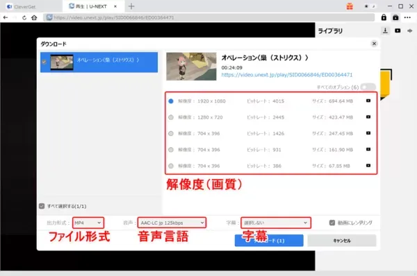 U-NEXTの録画方法|画面録画を真っ黒にせずPC保存|U-NEXTの録画方法:解析が終わると画面録画(ダウンロード)する動画コンテンツの詳細を設定する画面が表示されます。 ここで必要に応じて解像度(画質)・出力形式(ファイル形式)・音声(言語)・字幕を指定しましょう。