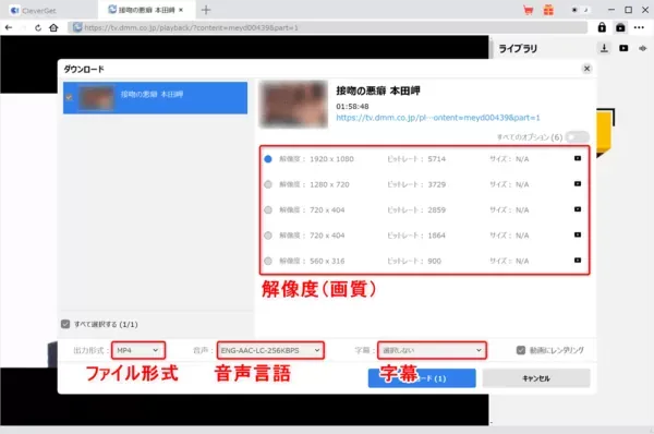 FANZA TVの録画方法｜ファンザTVの動画をダウンロードしてPCに永久保存!!｜録画方法：解析が終わると画面録画（ダウンロード）する動画コンテンツの詳細を設定する画面が表示されます。 ここで必要に応じて解像度（画質）・出力形式（ファイル形式）・音声（言語）・字幕を指定しましょう。